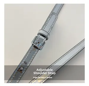 Detail of silver adjustable shoulder strap with metallic finish and metal buckle