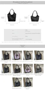 Size chart showing large and small tote bag dimensions with strap length and fabric details