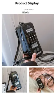 Detail of creative vintage phone-shaped crossbody bag in black faux leather with keypads