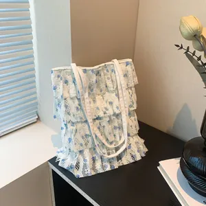 Borsa Tote da Donna in Pizzo a Fiori con Volant Multistrato Borsa a Tracolla Plissettata in Rete Dolce Borsa Estiva