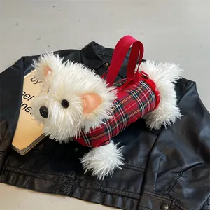 Sac à Épaule en Peluche en Forme de Chien Mignon Pour Femmes Mode Carreaux Chiot Sac Bandoulière Petit Sac à Main Pour Filles