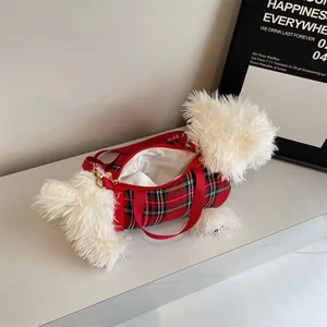 Sac à bandoulière mignon en peluche chien avec motif à carreaux rouge et vert