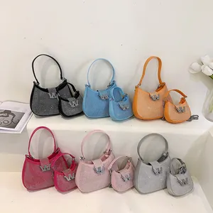 Sparkling rhinestone dumpling handbag set with W-buckle in various vibrant colors