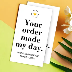 Detail of white rectangle thank you cards with heart pattern and elegant black typography