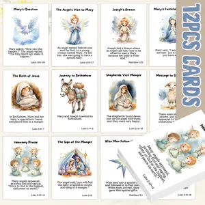 Set of 12 religious Christmas countdown cards featuring biblical nativity scene illustrations