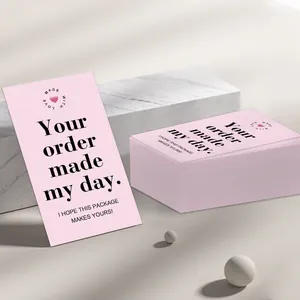 Minimalist pink thank you cards for business packaging with black hearts and typography
