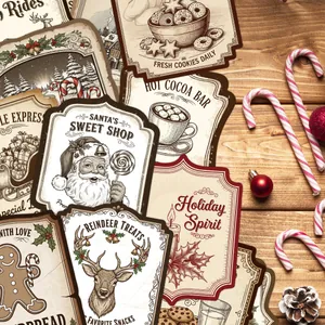 Detail von Vintage-Weihnachtsaufklebern auf Holz mit festlichen Dekoelementen