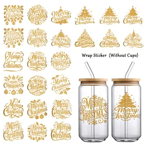 Pegatinas de Transferencia UV DTF Merry Christmas Doradas para Vasos de Vidrio Calcomanías Impermeables para Decoración DIY