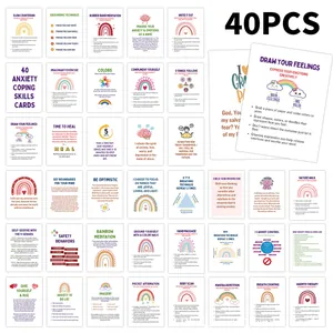 Flat lay of 40 motivational anxiety coping skills cards with therapeutic illustrations