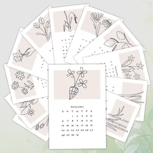 Set of 12 minimalist 2026 calendar cards with floral sketches for wall decoration