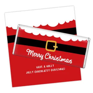 Detail of Christmas Santa chocolate candy bar wrappers with Merry Christmas festive labels