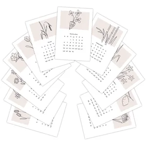 Detailed fan-shaped arrangement of 12 minimalist 2026 calendar cards with floral illustrations