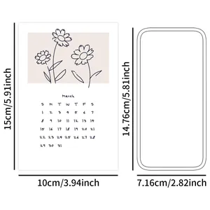Detail showing dimension specs for a minimalist March 2026 floral calendar wall card