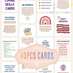 Detailed spread of 40 inspirational coping skills cards with soothing pastel colors