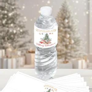 Close-up of Merry Christmas water bottle labels with hand-drawn festive illustrations