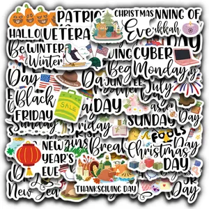 Detailed flat lay of colorful holiday planner stickers for Christmas and Halloween