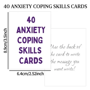 Detailed view of 40 anxiety coping cards showing dimensions 8.9x6.4cm and purple text