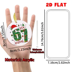 Décoration de Noël plate en acrylique thème 67 de 8cm avec ruban de suspension doré
