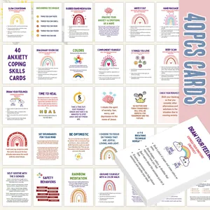 Set of 40 anxiety coping skills cards with colorful illustrations and mindful techniques