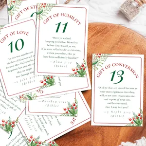 25 cartes de compte à rebours de l'Avent avec versets et motifs floraux sur plateau