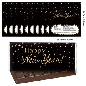 Detail van 14,7x13,7 cm Nieuwjaar chocoladewikkels in zwart en goud met glitterprint
