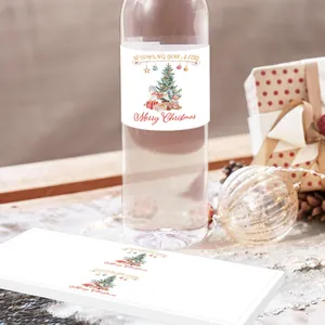 20pcs Merry Christmas water bottle labels with festive tree and gift designs for party decor