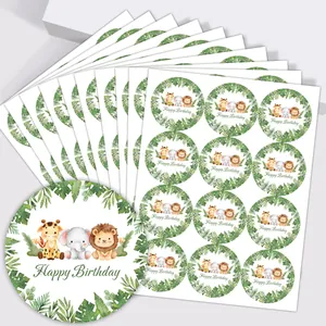 Watercolor Jungle Animal Happy Birthday Party Stickers Round Cartoon Giraffe Elephant Lion Gift Sealing Label For Kids Party