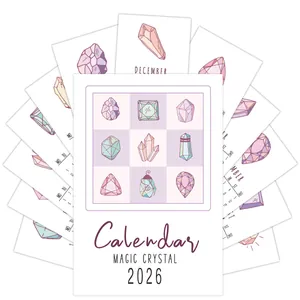 Detail of 2026 Magic Crystal calendar cards with hand-drawn pastel mineral illustrations