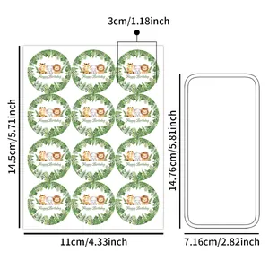 Watercolour jungle animals birthday stickers with giraffe and lion for party decorations