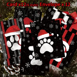 Christmas party cards set with dog paw prints and red envelopes for holiday gifts