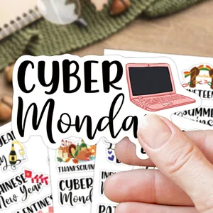 Colorful holiday planner stickers featuring Cyber Monday and Thanksgiving theme designs