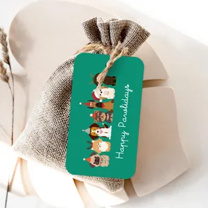 50pcs Happy Pawlidays dog gift tags with jute twine tied to a burlap bag