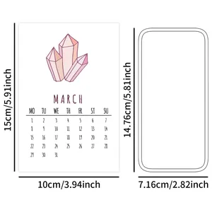 Detailed view of March calendar card with pink crystal illustration and frame dimensions