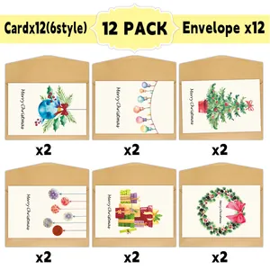 Detailed flat lay of 12 Christmas cards with 6 festive designs and kraft envelopes