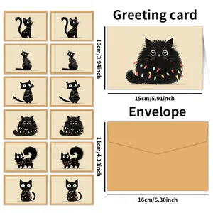 12er Set schwarze Katzen-Grußkarten mit Umschlägen und festlichen Lichterketten-Motiven