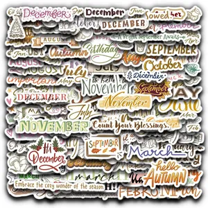 Détail d'autocollants pour agenda avec calligraphie élégante et phrases saisonnières