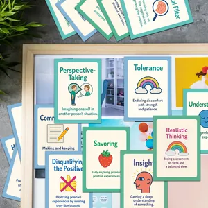 Educational DBT flashcards for children with colorful illustrations on a wooden frame