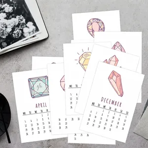 Tarjetas de calendario 2026 minimalistas con ilustraciones de gemas pintadas para decorar