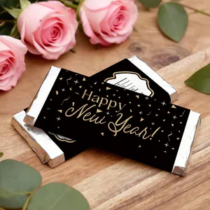 Set van 10 Happy New Year chocolade labels met goudfolie, sterren en bloemdecor