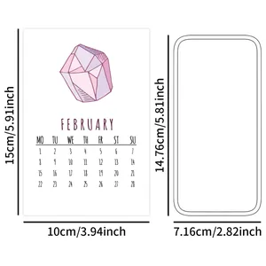 2026 February wall calendar card with minimalist pink crystal art and dimension specs