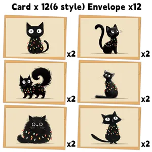 Set aus 12 süßen schwarzen Katzen-Weihnachtskarten mit Lichterketten und Briefumschlägen
