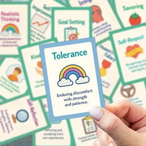 Detail showing the Tolerance DBT card with an illustrated rainbow for kids' mental health