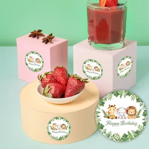 Watercolor forest animals round happy birthday stickers for party favors and candy decor