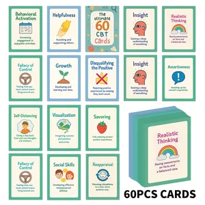 Flat lay of 60 CBT therapy cards with macro designs for behavioral education and cognitive skills