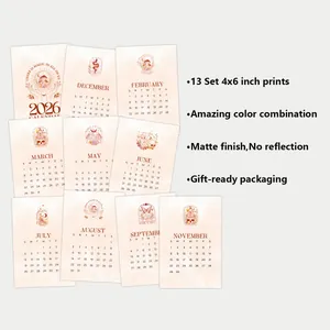 Detail van 4x6 inch matte kalenderkaarten 2026 met boho-illustraties voor wanddecor