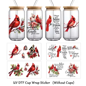 Autocollant de Transfert UV DTF pour Gobelet Noël Cardinal Rouge Baies de Houx Citations Inspirantes pour Verres