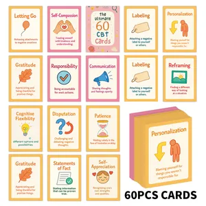Close-up of 60 DBT therapy cards showing colorful Self-Compassion and Gratitude topics