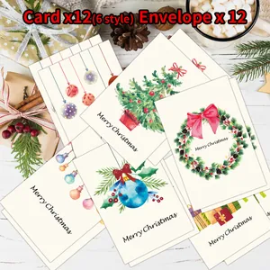 Set of 12 watercolor Christmas cards with envelopes featuring 6 festive hand-painted designs