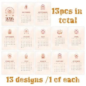 Set van 13 Boho 2026 kalenderkaarten met artistieke illustraties voor wanddecoratie