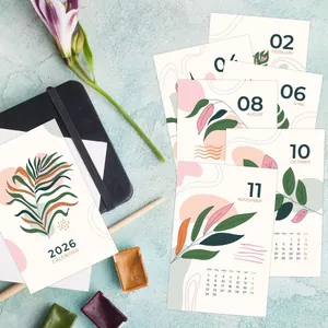 Detail of 2026 calendar cards featuring minimalist plant illustrations for wall decoration